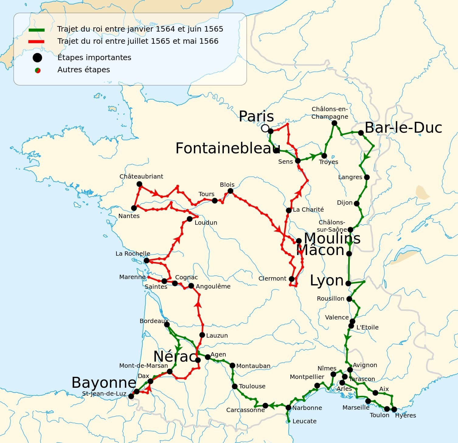Map of the royal Grand Tour of France, 1564–1566, with the king’s route in green (January 1564 to June 1565) and red (July 1565 to May 1566)